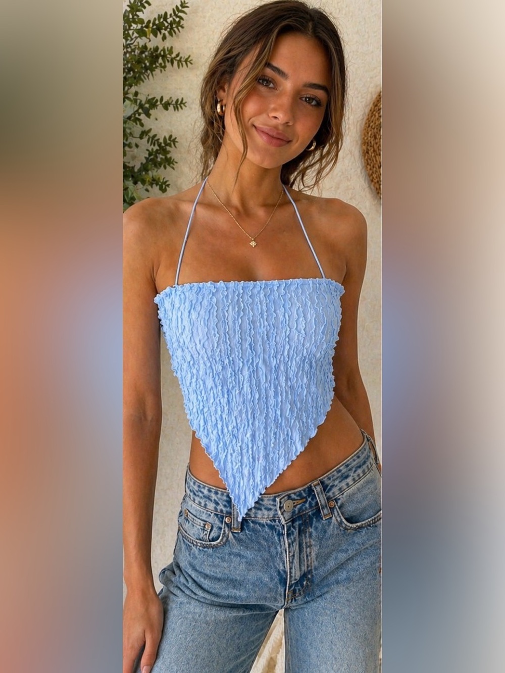 Light Blue Ruffle Handkerchief Halter Top - Women